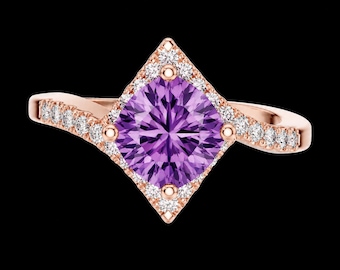 1.50 CT Princess Cut Amethyst Halo Ring, Rose Gold Engagement Diamond Accent Promise Ring, Purple Gemstone Jewelry
