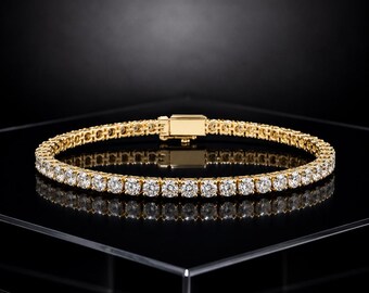 14k Gold Tennis Bracelet, Round Cut CZ Diamond Chain Bracelet, Elegant Bridal Wedding Jewelry, Luxury Anniversary Gift for Wife