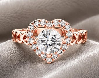 Elegant Round Lab Diamond Engagement Ring Heart Halo 14K Rose Gold Band Romantic Bridal Promise Jewelry Gift for Her