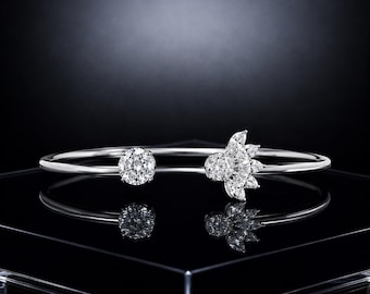 Dainty Diamond Flower Bangle, 14k White Gold Lotus Open Cuff Bracelet, Minimalist Marquise Solitaire Floral Bridal Jewelry Gift