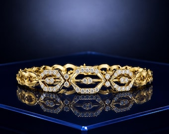 Classic Hexagon Tennis Bracelet, 14K Yellow Gold Pave Diamond Open Link Luxury Jewelry, Modern Geometric Statement Gift for Her