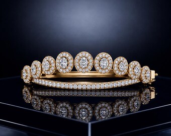 14K Yellow Gold Finish Oval Diamond Bangle, Multi Stone Halo Tennis Bracelet, Unique Anniversary Gift for Her, Festive Jewelry