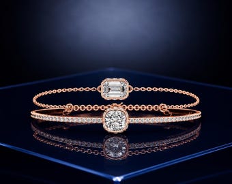 Pink Gold Diamond Bangle Set, Emerald Cut Crystal Bracelet for Bridal Wedding Jewelry, Dainty Minimalist Stacking Anniversary Gift for Her