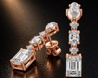 Multi Shape Diamond Drop Earrings, Designer Earrings, 14k Gold Statement Bridal Jewelry