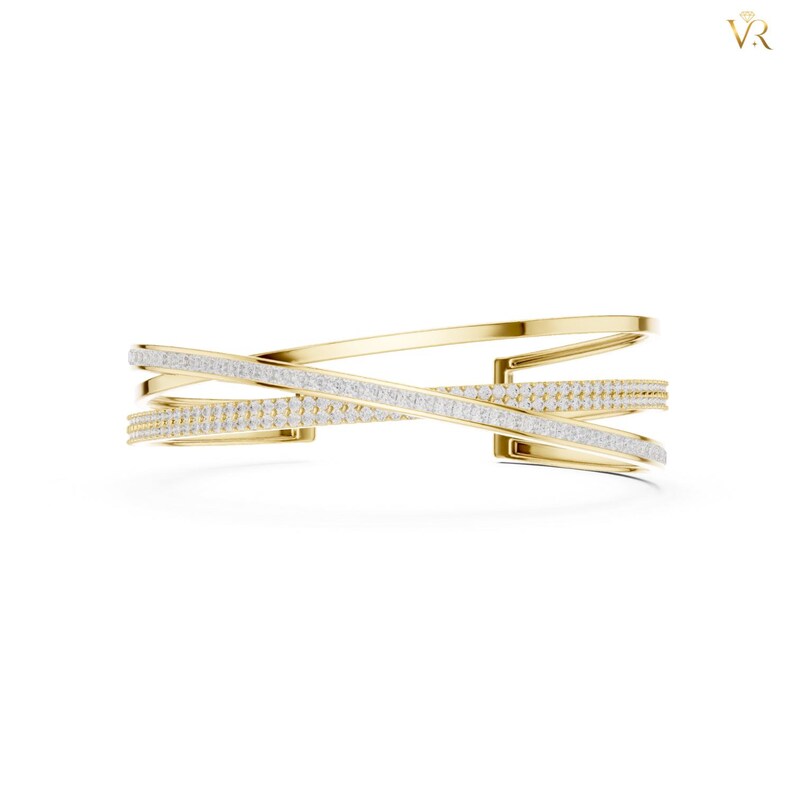 Elegant Crisscross Gold Bangle, Pave Diamond Triple Row Cuff Bracelet, Modern Intertwined Statement Jewelry Gift for Her image 11