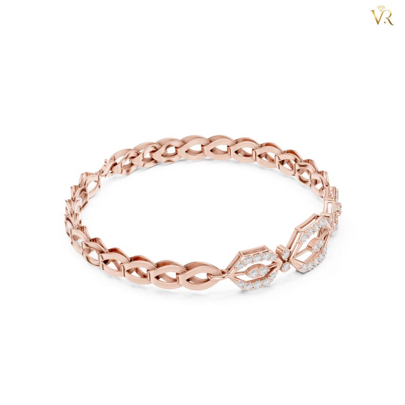 Classic Hexagon Tennis Bracelet, 14K Yellow Gold Pave Diamond Open Link Luxury Jewelry, Modern Geometric Statement Gift for Her image 12