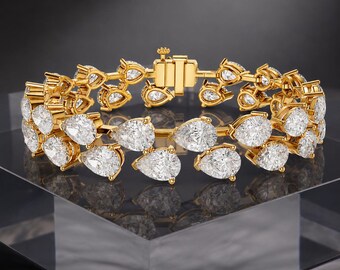 Double Row Pear Cut Lab Grown Diamond Tennis Bracelet, 14K Yellow Gold Teardrop Luxury Wedding Jewelry, Anniversary Gift for Her