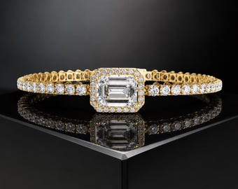 Emerald Cut Diamond Tennis Bracelet 14k Gold Halo Statement Jewelry For Women Anniversary Gift Bridal