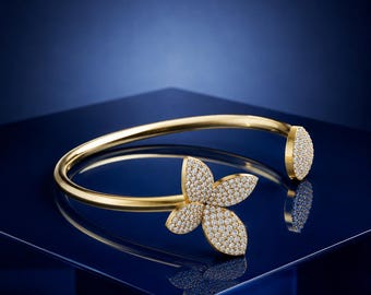 14k Gold Floral Bangle, Pave Crystal Flower Cuff Bracelet, Elegant Bridal Wedding Jewelry, Luxury Nature Inspired Anniversary Gift for Her