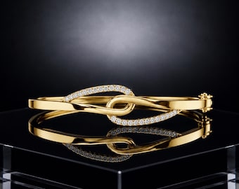 18K Yellow Gold Infinity Knot Diamond Bangle Bracelet - Elegant Handcrafted Luxury Gift for Her - Minimalist Pave Cuff Jewelry