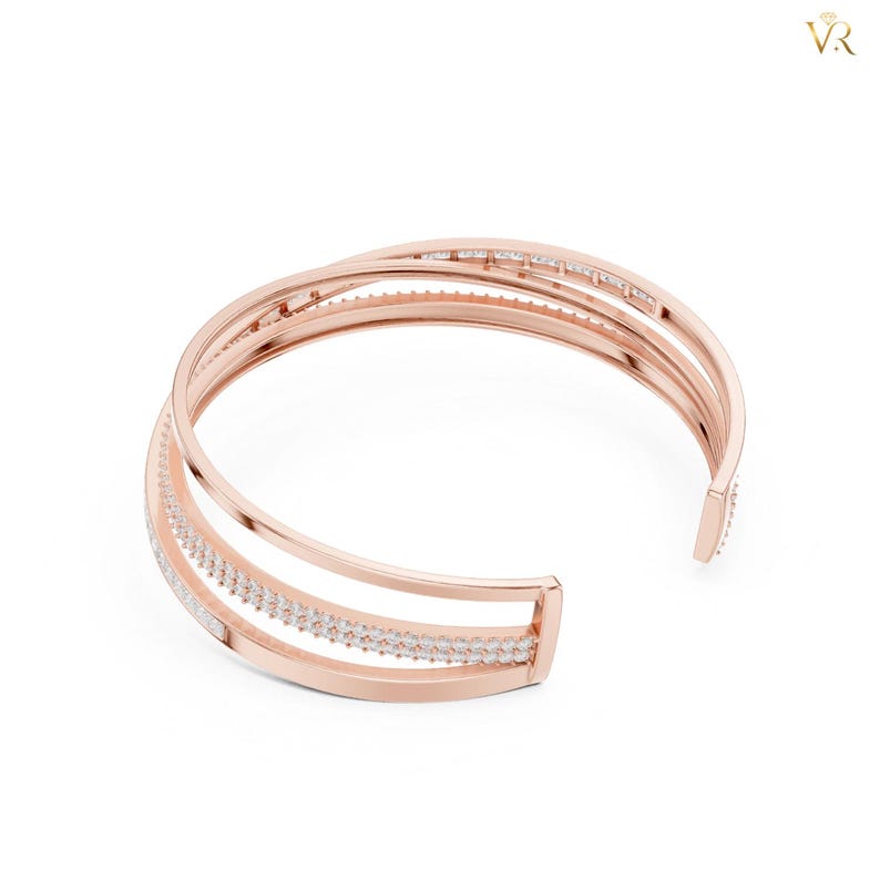 Elegant Crisscross Gold Bangle, Pave Diamond Triple Row Cuff Bracelet, Modern Intertwined Statement Jewelry Gift for Her image 5