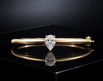 14k Pink Gold Pear Bangle, Teardrop Solitaire Crystal Diamond Bracelet, Minimalist Bridal Wedding Jewelry, Luxury Anniversary Gift for Wife