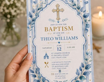 Blue Gold Baptism Invitation Template, Baby Boy Christening Card (Digital Download)