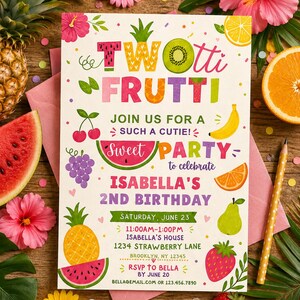Invito di compleanno a tema frutta, festa Tutti Frutti, invito con anguria e ananas (download digitale)