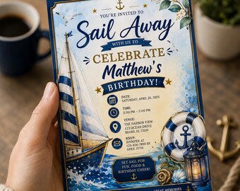 Convite de aniversário náutico com tema de veleiro, festa "Navegue para Frente", modelo editável para menino no Canva (download digital)