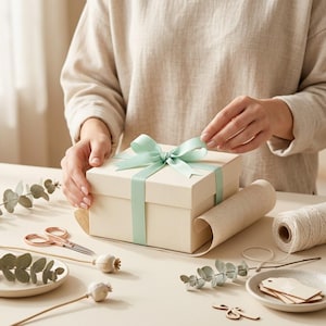 May include: A square beige gift box wrapped with a light mint green satin ribbon tied in a bow. The box sits on a flat surface alongside a pair of copper-coloured scissors, a roll of twine, dried eucalyptus stems, and small wooden gift tags.