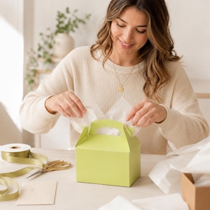 Light Green Gable Gift Box with Handle, Party Favor Packaging, Wedding Treat Box