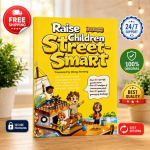May include: A yellow book titled Raise Children Street-Smart Comic Edition, featuring an illustration of children on a boat. The cover includes text about 150 real-life stories, analyses of pain points, and guides for growing up challenges.