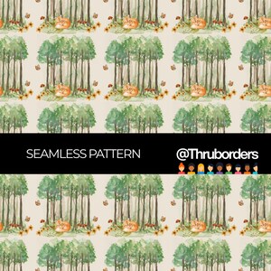 May include: A seamless pattern featuring a repeating watercolor illustration of a sleeping orange fox in a forest with green trees, brown mushrooms, and orange flowers on a light background. The text SEAMLESS PATTERN @Thruborders is visible.