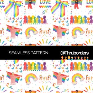 May include: A seamless pattern featuring watercolour illustrations of rainbow bows, people holding pride flags, colourful rainbows, butterflies, and small hearts on a white background. The text SEAMLESS PATTERN and @Thruborders are visible.