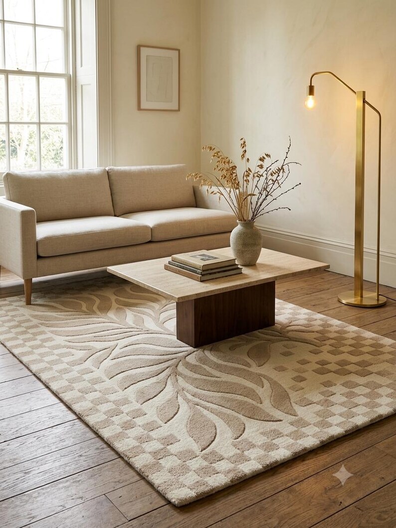 Neurtral Checkerd Rug Hand Tufted Floral Rug, Beige Checkered Border, Botanical Area Rug ...