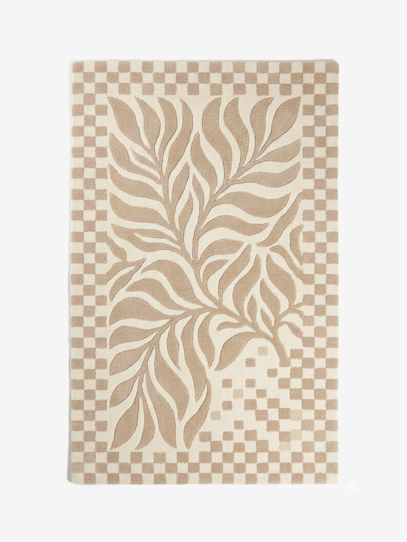Neurtral Checkerd Rug Hand Tufted Floral Rug, Beige Checkered Border, Botanical Area Rug ...