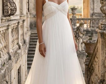 Robe de mariée Marylise, taille 32/34 | Robe empire ornée de perles et de tulle, jamais portée, coupe trapèze fluide, ivoire/écru