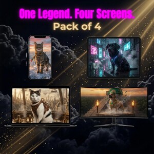 Pode incluir: Um conjunto de 4 telas digitais, incluindo um smartphone, um tablet, um laptop e um monitor curvo, cada um exibindo uma ilustração animal. O texto "One Legend. Four Screens. Pack of 4" é exibido em rosa e dourado sobre um fundo escuro.