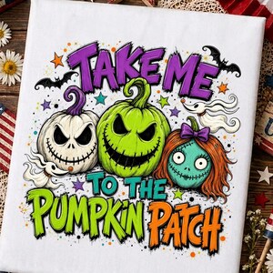 May include: A white canvas print featuring the text TAKE ME TO THE PUMPKIN PATCH in purple, teal, and orange. The design includes a white pumpkin, a green pumpkin, and a teal pumpkin with red hair, all with stitched faces, plus bats and a ghost.