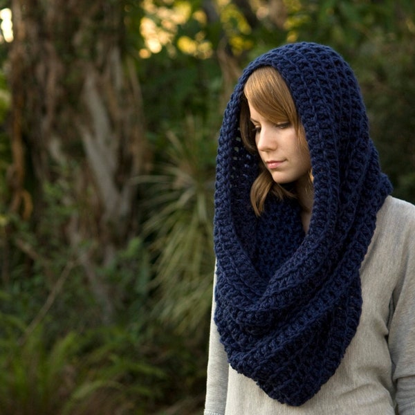 Oversized Hooded Cowl, Infinity Scarf, Navy Blue Crochet Chunky Cowl