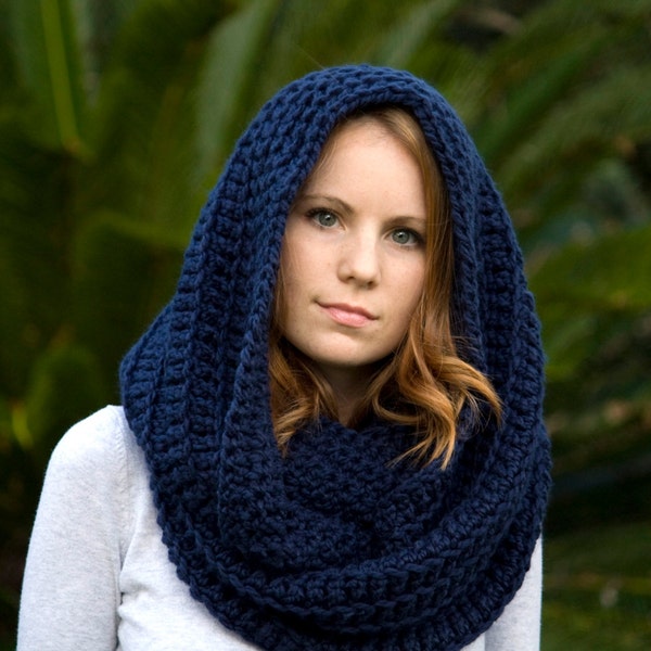 Infinity Scarf, Navy Blue Crochet Circle Scarf