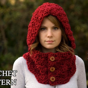 CROCHET PATTERN Hooded Cowl, Button Neck Warmer, Crochet Hoodie Instant Download