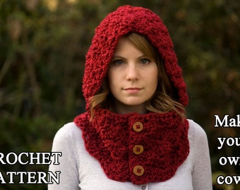 CROCHET PATTERN Hooded Cowl, Button Neck Warmer, Crochet Hoodie Instant Download