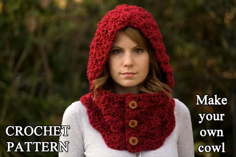 CROCHET PATTERN Hooded Cowl, Button Neck Warmer, Crochet Hoodie Instant Download image 1