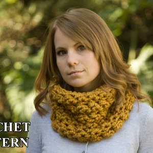 May include: A woman wearing a mustard yellow crocheted cowl neck scarf. The text "Make your own cowl" is visible in the image.  CROCHET PATTERN is also visible in the image.
