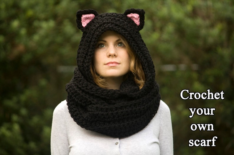 CROCHET PATTERN Cat Scoodie, Cat Hooded Scarf Pattern, Animal Scarf Pattern, Hood with Cat Ears image 3