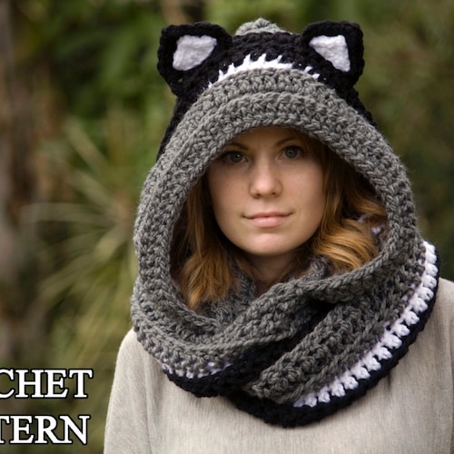 CROCHET PATTERN Cat Scoodie, Cat Hooded Scarf Pattern, Animal Scarf Pattern, Hood with Cat Ears