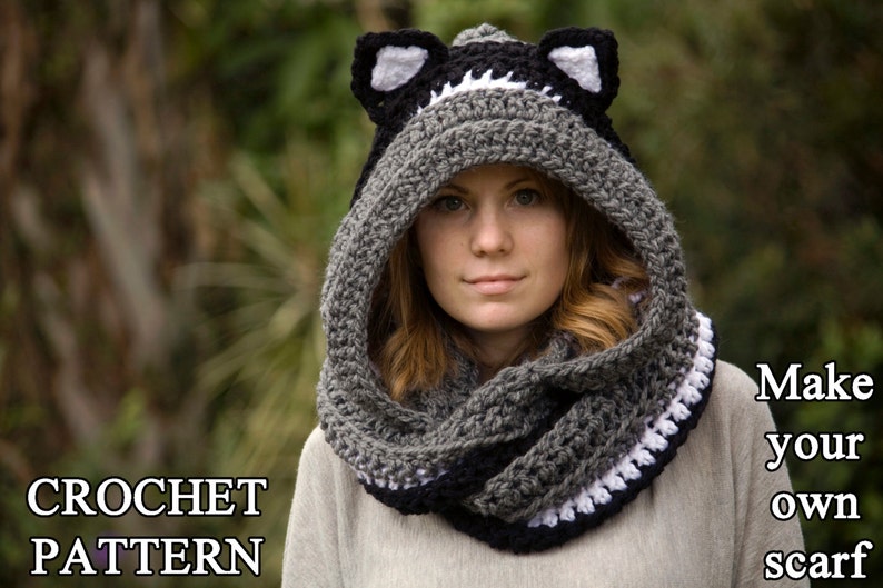 CROCHET PATTERN Cat Scoodie, Cat Hooded Scarf Pattern, Animal Scarf Pattern, Hood with Cat Ears 