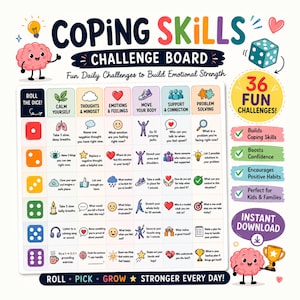 Può includere: Una tavola delle sfide per le abilità di coping con una griglia di 36 attività quotidiane. La tavola presenta icone colorate, suggerimenti testuali per la regolazione emotiva e un tema basato sui dadi. Include sezioni per calma e supporto.