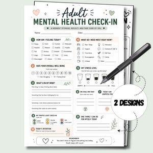 Può includere: Un foglio di lavoro stampato per il controllo della salute mentale degli adulti con dieci sezioni numerate per monitorare sentimenti, livelli di stress e intenzioni quotidiane, accompagnato da una penna nera e un grafico circolare con 2 DESIGNS.