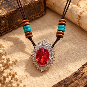 May include: A necklace featuring a large oval red gemstone surrounded by a halo of clear baguette and round crystals. The pendant hangs from a dark brown cord accented with two sets of three wooden beads and two turquoise-colored beads.