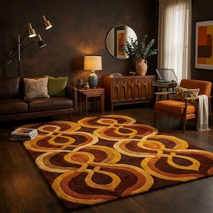 May include: A rectangular area rug featuring a repeating geometric pattern in shades of brown, orange, and yellow. The design consists of interlocking, curved, and elongated shapes that create a continuous, flowing motif across the entire surface.