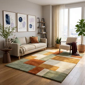 Modern Patchwork Wool Rug – Earth Tone Geometric Color Block Carpet