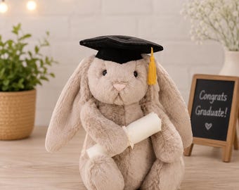 Jellycat Bashful Beige Bunny Graduation Plush – Soft Cuddly Toy with Cap
