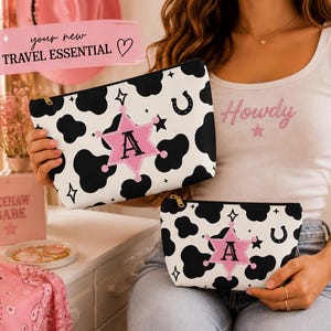 Personalized Cow Print Makeup Bag, Custom Initial Western Cosmetic Bag, Pink Cowgirl Makeup Pouch, Cowgirl Gift for Her
