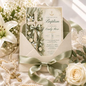 Może przedstawiać: Kremowe zaproszenie na chrzest z ozdobnym krzyżem, białymi liliami i gipsówką. Tekst brzmi: Please join us for the Baptism of our daughter Emily Rose, Sunday May 24, 2026, at St. Peter's Episcopal Church.