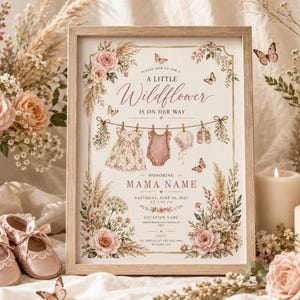 Boho Girl Clothesline Baby Shower Invitation | Wildflower Baby Shower Invite | Baby in Bloom Canva Template | Instant Download