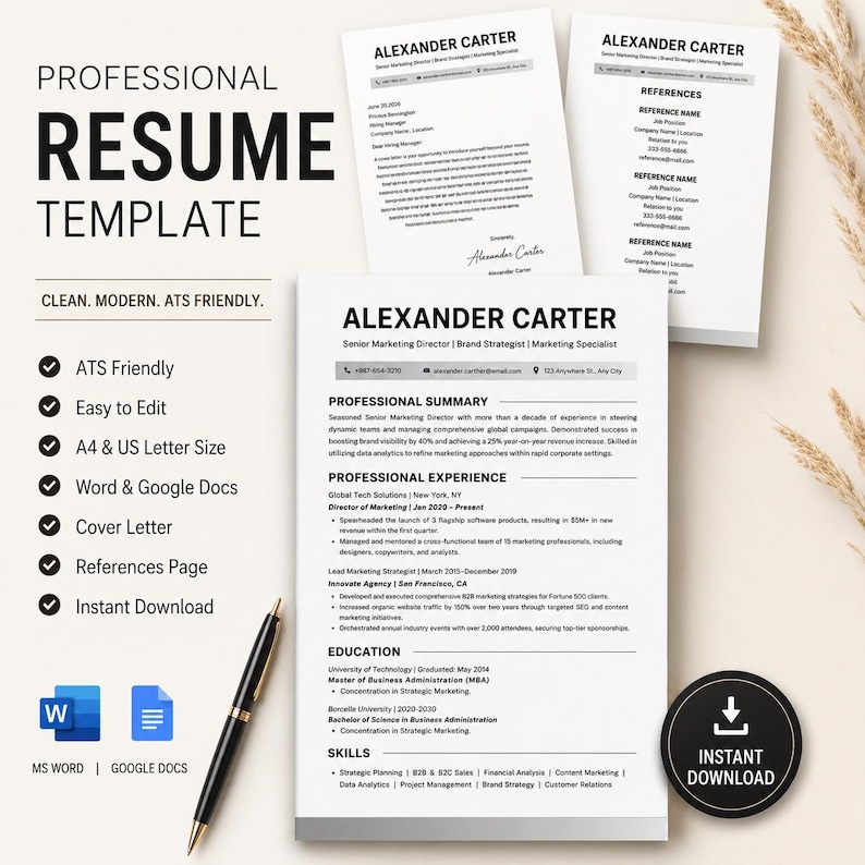 ATS Friendly Resume Template Word, Pages, Google Docs | M…