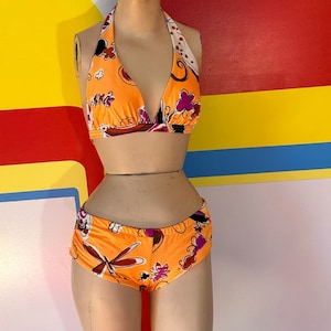 1970s 70s vintage orange butterfly bikini Maidenform m 2 piece swimsuit bathing suit 1960s 60s neon dragonfly novelty print swim swimwear