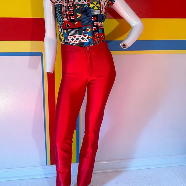 1970s vintage cherry red disco pants by Fredericks of Hollywood small spandex jeans satin shiny